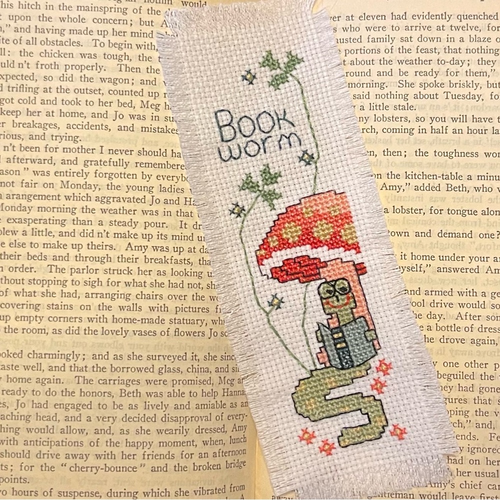 Handmade Cross-Stitch Bookmark with Mushroom and bookworm Design